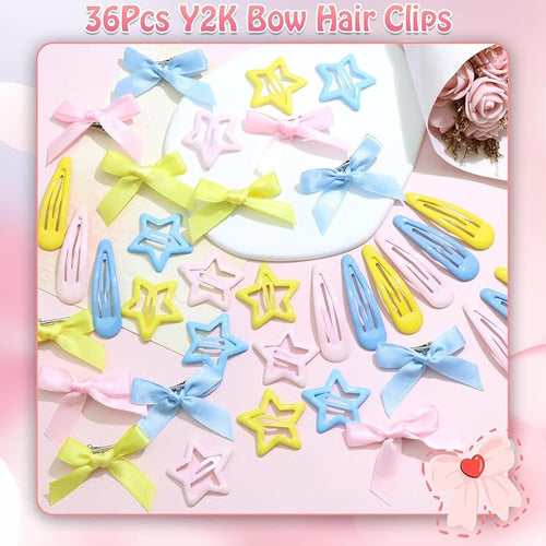 36Pcs Pink Mini Hair Bows Blue Water Drop No Slip Hair Clips Star Snap Hair Barrettes for Women Yellow Small Bows for Hair Star Bowknot Hair Accessories for Teens Girls