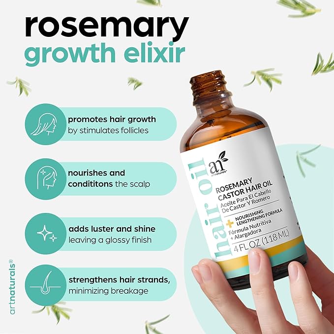 Artnaturals Organic Rosemary Castor Hair Oil + Massager Hair Growth Set Hair Growth Oil 4 ounces with Coconut & Olive Oil for Dry, Damaged & Split End