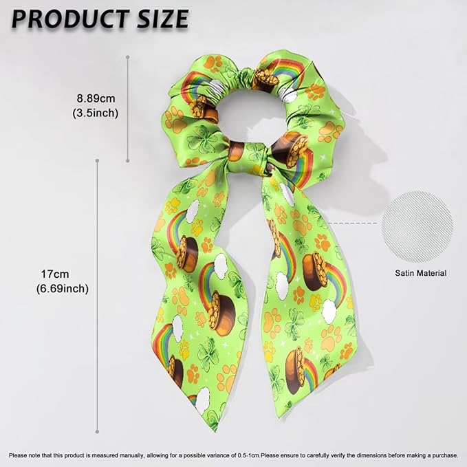 Ladybug Green Leaf Satin Hair Ties for Thin Hair Rainbow Pot of God Ribbon Hair Elastics for Girls 2 Piece St Patricks Day Scarf Scrunchies