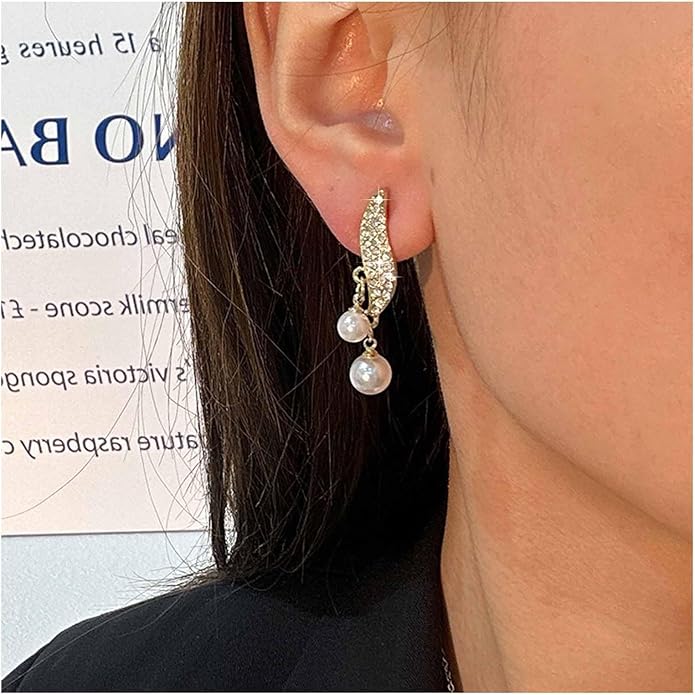 Vintage Crystal Pearl Drop Earrings Sparkly Leaf Earrings Rhinestone Pearl Dangle Earrings Gold Cz Spiral Leaf Earring Jewelry for Women