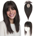Hairro Human Hair Toppers with Wispy Bangs, 3.5x4.7" Hand-wovened Base for Women with Thinning Hair, Lightweight & Breathable Realistic Scalp, Clip-in Hairpieces for Easy Wear, 16 Inch Natural Black