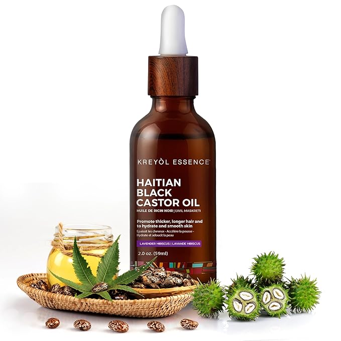 Kreyol Essence - Haitian Black Castor Oil for Skin and Hair, Glass Bottle - Cold Pressed | Hexane Free | Fuller-Looking Hair, Natural Humectant, Lavender Hibiscus. 2 Fl Oz