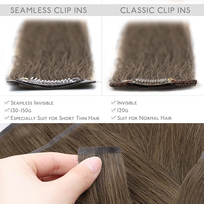 WENNALIFE Seamless Clip In Hair Extensions Human Hair, 22 Inch 150g 7pcs Light Ash Brown Real Hair Extensions Clip in Human Hair Invisible PU Skin Weft Natural Remy Human Hair Extensions