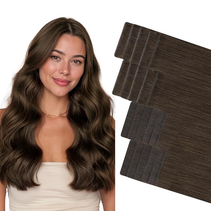 GOO GOO Invisi Edge Tape in Hair Extensions Human Hair, 2A Light Brown 10pcs injected with 10pcs classical tape ins, 16inch 50g, Virgin Remy Hair, Natural Look