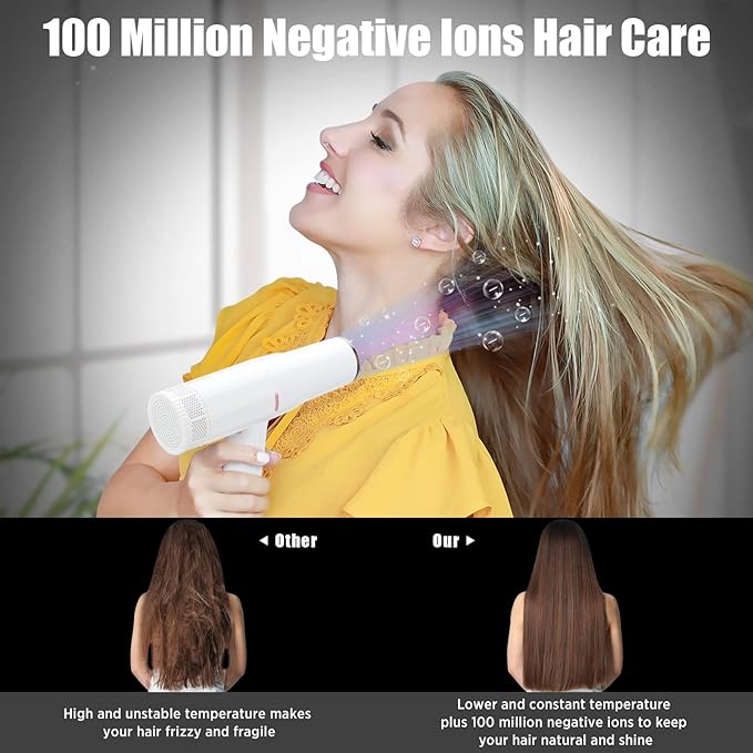 Hair Blow Dryer with Diffuser, IG INGLAM Professional High Speed Brushless Motor Negative Ion Low Noise Constant Temperature, 3 Heat Settings 3 Speeds and Cool Shot Brutton Powerful Ionic Hair Dryer