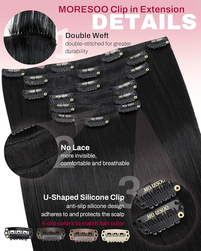 Moresoo Black Clip in Hair Extensions Real Human Hair Natural Black Hair Extensions Clip in Long Remy Human Hair Straight for Women Full Head 120g/7pcs 22 inch