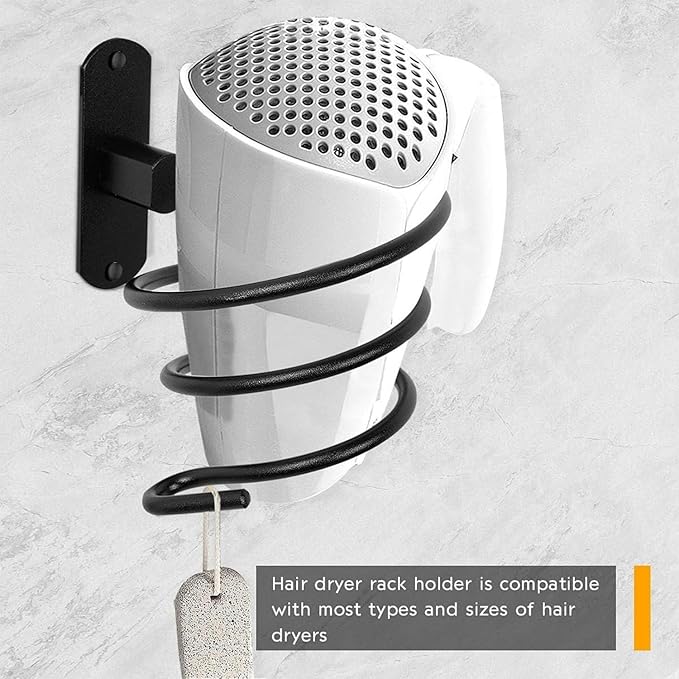 YWHWXB Hair Dryer Holder,Wall Mounted Spiral Hair Dryer Shelf,Bathroom Stainless Steel Hair Dryer Bracket,Self-Adhesive Hair Dryer Storage Rack (Black)