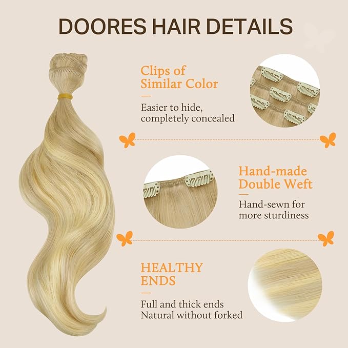 DOORES Human Hair Extensions Clip in, Dirty Blonde Mixed Platinum Blonde 120g 7pcs 16 Inch, Remy Straight Natural Hair Extensions