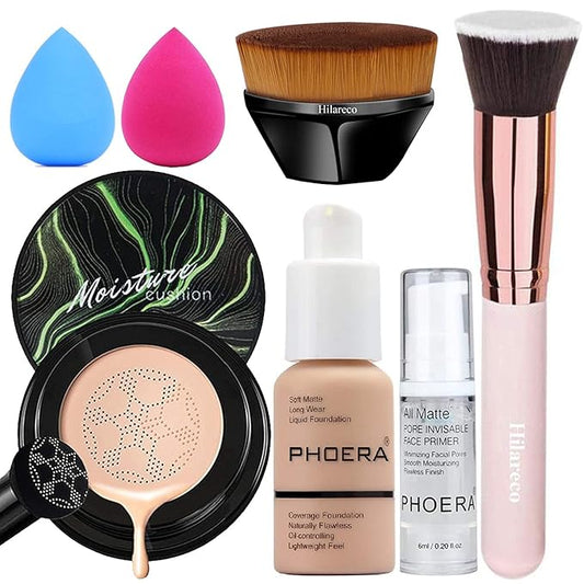 PHOERA Foundation,Mushroom Head Air Cushion CC Cream Natural Foundation,PHOERA Makeup Foundation Full Coverage,Phoera Face Primer, Foundation Brush (105 Sand + 05 Sand CC)