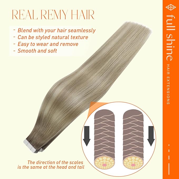 Full Shine Balayage Tape in Extensions Color 19/8/60 Grey and Blonde Seamless Tape in Hair Extensions Human Hair 16Inch Straight Natural Remy Human Hair Extensions 50G 20Pcs Double Sided