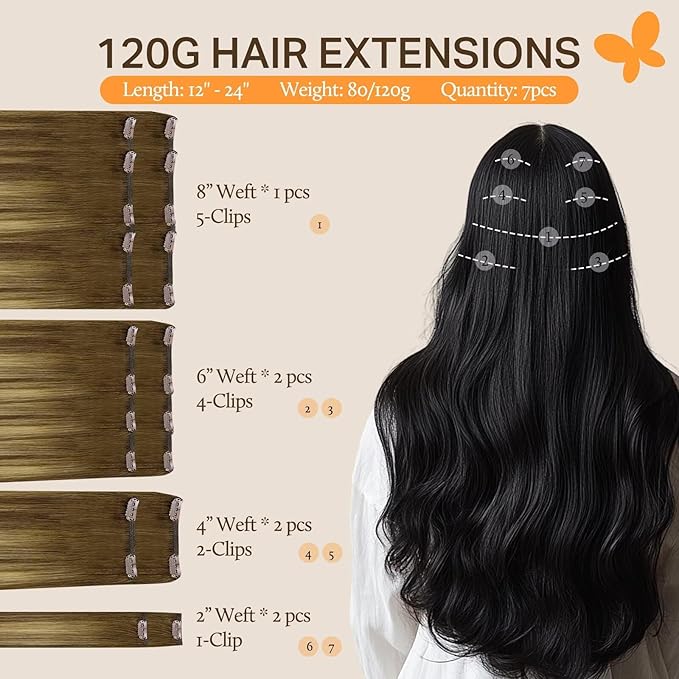 DOORES Hair Extensions Clip in Human Hair, Medium Brown Highlighted Dirty Blonde 14 Inch 7pcs 100g, Real Extensions Clip in Remy Straight Balayage Natural Thick Weft