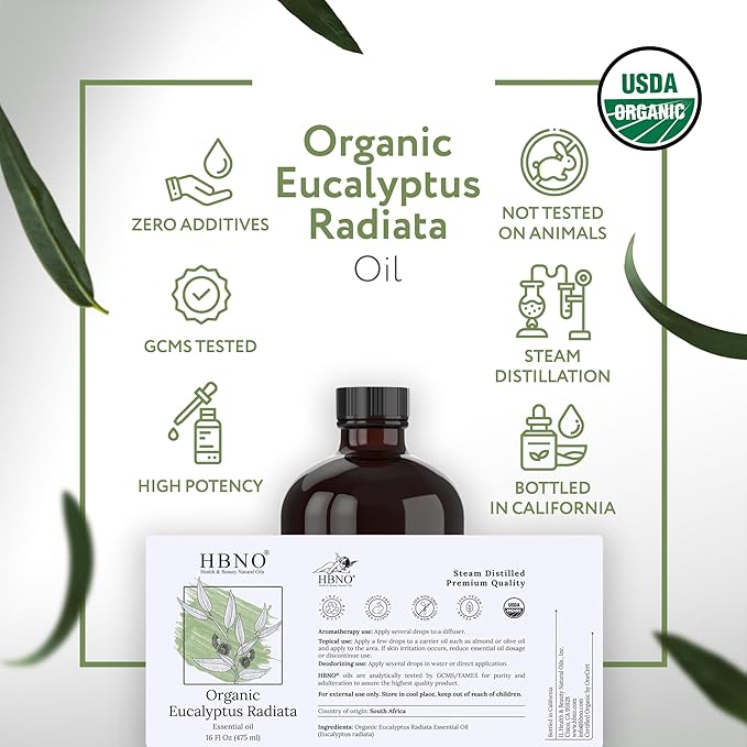 HBNO Organic Eucalyptus Radiata Oil - 16 oz (475ml) Value Size - Ideal for Shampoos, Conditioners, Mouth Washes, Face wash, Lotions, and Skin Care Products