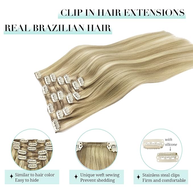DOORES Hair Extensions Clip in Ombre Light Blonde Highlighted Golden Blonde 7pcs 24Inch Clip in Human Hair Extensions Remy Natural Hair Extensions Straight Thick 120g