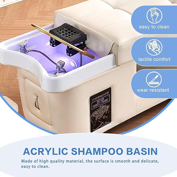 Professional Beauty Salon Shampoo Bed Head Spa Equipment with Water Circulation,Steamer,Shampoo Chair Luxury Head Care SPA Shampoo Bed (Beige)