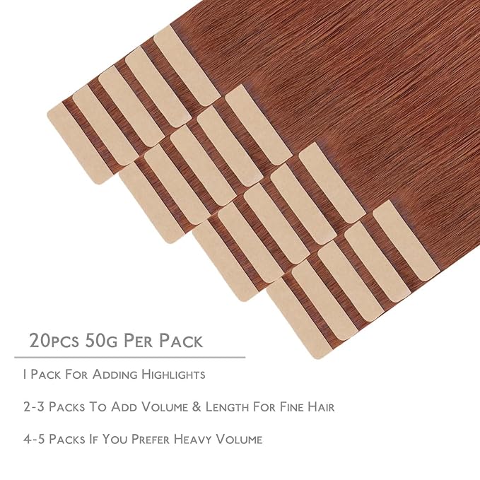 WENNALIFE Tape in Hair Extensions Human Hair, 20pcs 60g 26 inch Dark Auburn Copper Remy Hair Extensions Straight Human Hair Tape in Extensions Tape Ins Straight Extensiones De Cabello Humano