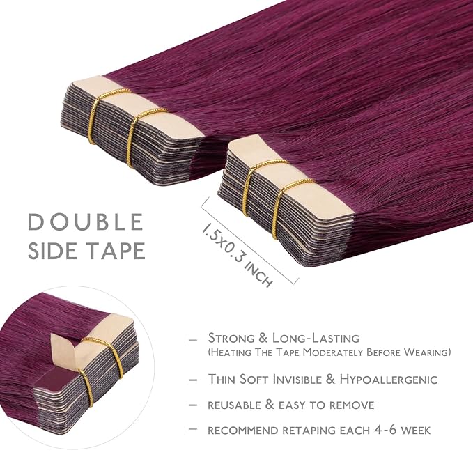 WENNALIFE Tape in Hair Extensions Human Hair, 20pcs 50g 22 inch Light Burgundy Remy Hair Extensions for Women Tape Ins Straight Extensiones De Cabello Humano Skin Weft