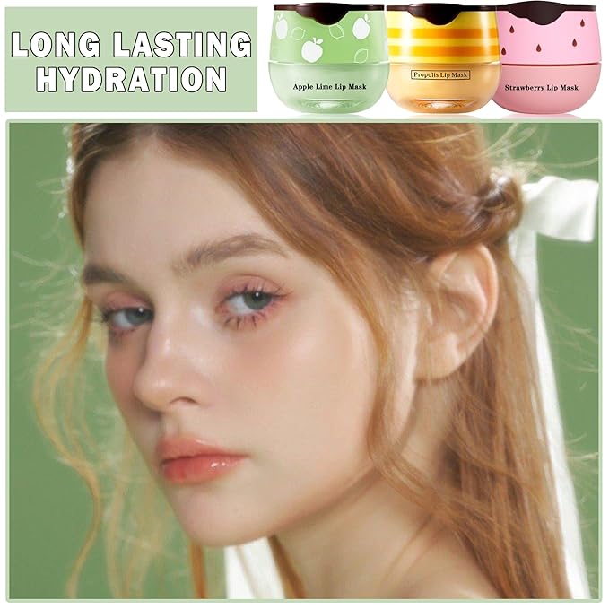 3PCS Bee Lip Balm Honey Pot Honey Strawberry Apple Lip Balm Sleeping Lip Mask Silky Hydrating Bee Lip Balm Lip Mask Overnight Lip Care Products(Honey+Strawberry+Apple Lime)