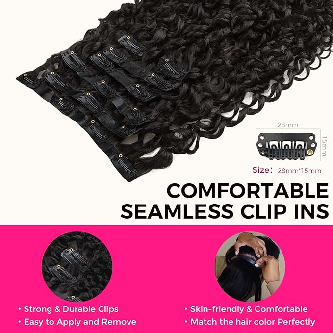 Lashey Seamless Clip in Hair Extensions Human Hair 110g 7pcs Burmese Curly Natural Black 16 Inch Clip ins Hair Extensions with Soft PU Weft for Women
