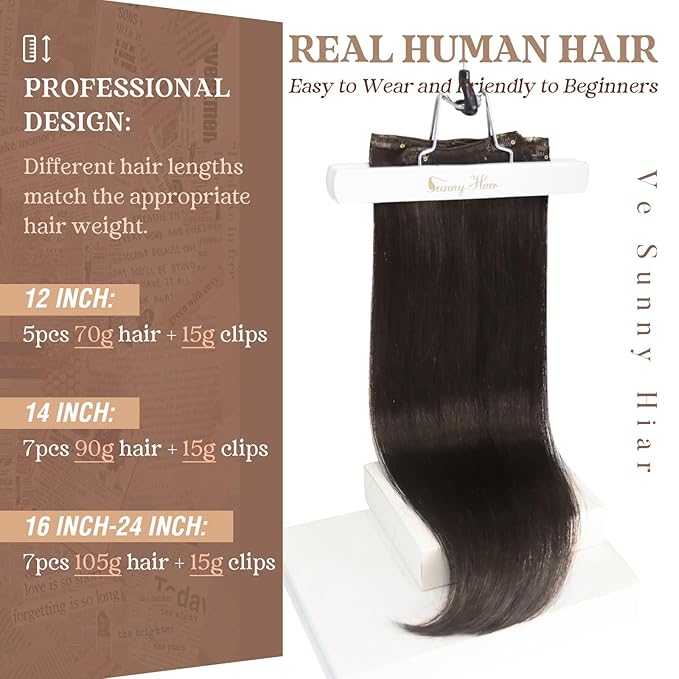 Ve Sunny Clip in Hair Extensions Real Human Hair, Clip in Human Hair Extensions, Hair Clip Extensions for Women Dark Brown Remy Hair Extensions 7pcs 14inch 100g