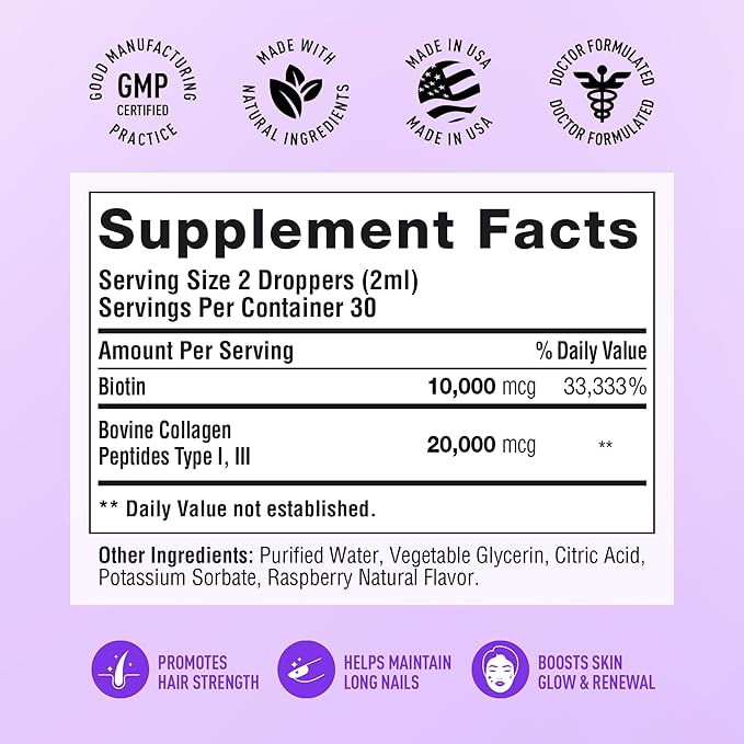 SimplyVital Liquid Biotin & Collagen - Hair, Skin & Nails Vitamins with Biotin 10000mcg & Collagen Peptides - Made in USA - Liquid Collagen for Healthy Skin & Hair Growth Support - 2 fl oz