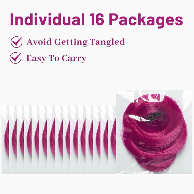 16 Pcs Colored Hair Extensions Curly Wavy Clip in Synthetic Hair Extensions,Colorful Party Highlights Hairpiece Streak for Girls Women Kids Cosplay Party Gift(Rose Purple)