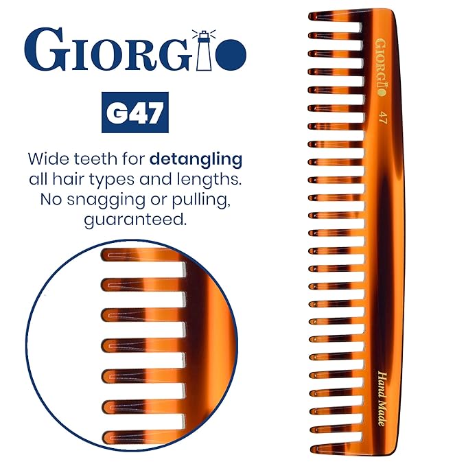 Giorgio G47 Detangling wide tooth comb for Thick Long Curly Wavy Hair. Detangler Comb For Wet and Dry Hair. Handmade, Extra Wide Tooth Comb Saw-Cut, Hand Polished, Tortoise Shell (6")