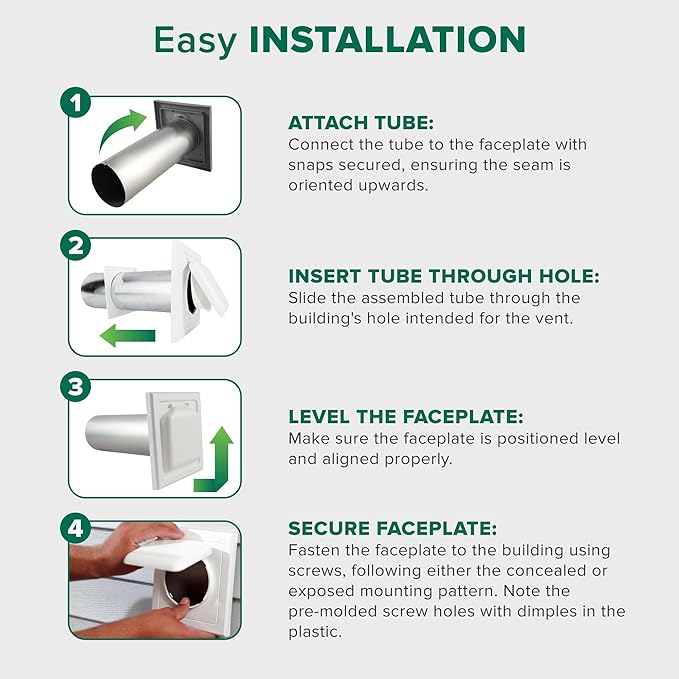 NO-PEST VENT, Exclusive Dual Door Dryer Vent Cover Outdoor 4 inch or Bathroom fan, Made in USA w Highest UV Resistant Plastic in any Outdoor Vent Cover (White, 4 inch With 12" Duct Tube)