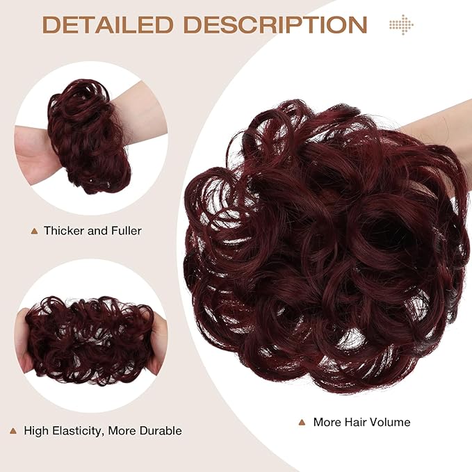 Messy Bun Hair Piece Wavy Curly Scrunchies Fluffy Donut Thick Updo Elegant Chignon Hairpieces for Women Girls, Grape Red 1.4oz