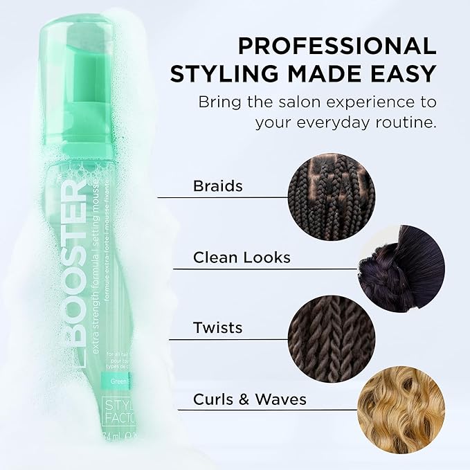 Style Factor EDGE BOOSTER Extra Strength Setting Mousse Travel Size – Frizz Control, Extra Volume, and Conditioning – 2.5oz Green Beryl Mousse for Curly Hair