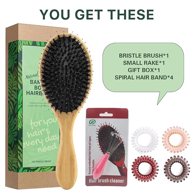 Boar Bristle Hair Brush,No Shampoo Hair Brush,Dry and Wet Detangling Gently Enhances Shine, Smooths Frizz and Prevents Breakage in Fine and Straight, Thick and Curly Hair