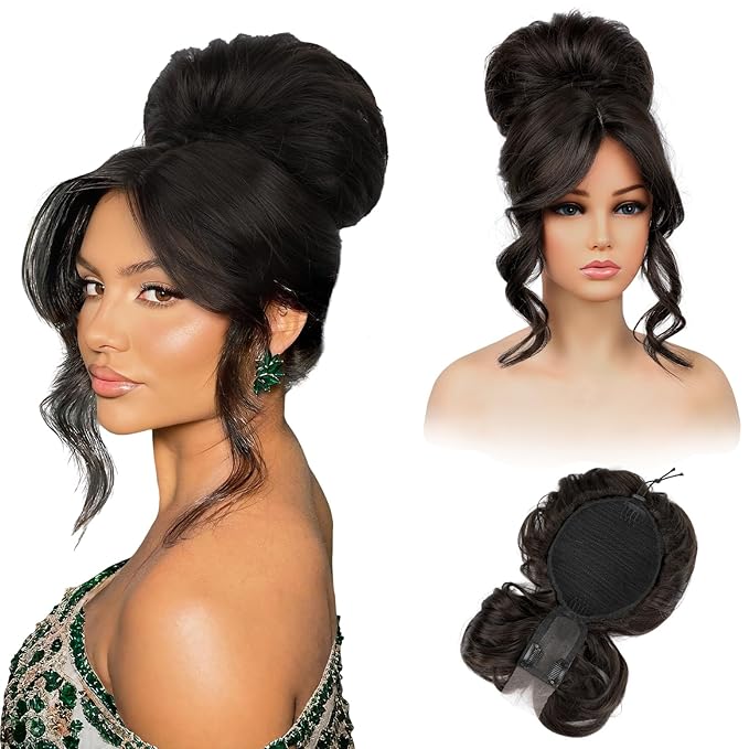 REECHO Messy Bun Hair Piece with Bangs – 2-in-1 Drawstring Ponytail Extension Updo Wig & Hair Topper with Long Side Bangs, Natural-Looking Hair Bun Hairpieces for Women - Black Brown