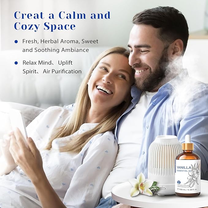 HIQILI Vanilla Essential Oil, Undiluted Natural Strong Fragrance Add in Skin Perfume, Unscented Lotion, Candle Soap Making Scent, Relax at Home with Diffuse Warm Sweet Aroma -100ML