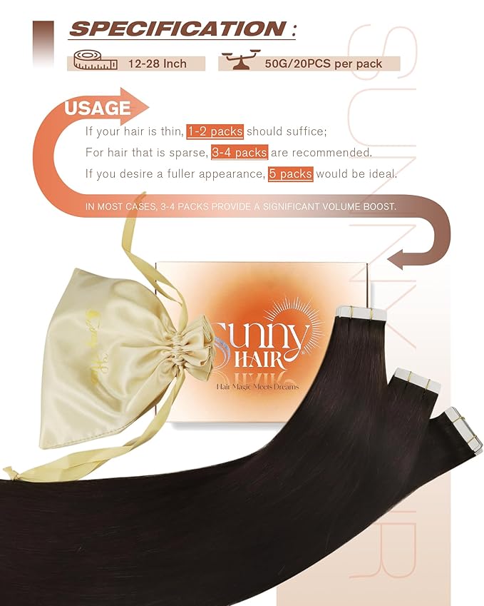 Sunny Hair Tape in Hair Extensions Real Human Hair Invisible Remy Hair Extensions Tape ins for Women Darkest Brown 20 inch 20Pcs 50G
