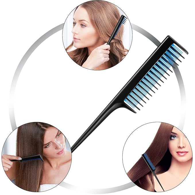 Leinuosen 3 Pcs Triple Teasing Comb for Women Plastic Rat Tail Comb Heat Resistant Pintail Tease Layer Tool for Thick Fine Hair Styling Backcombing Volume Structure(Black and Blue)
