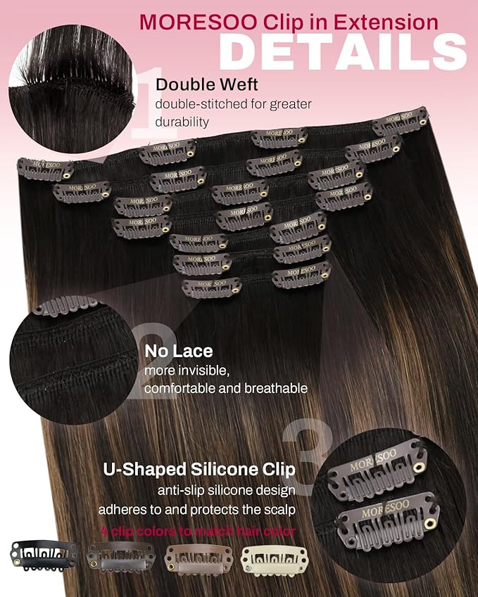 Moresoo Clip in Hair Extensions Human Hair Ombre Dark Brown to Chestnut Brown Real Human Hair Extensions Clip ins 16 inch Double Weft 135g/7pcs