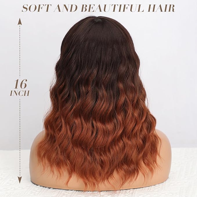 Nnzes Ombre Auburn Wig with Bangs for Women Shoulder Length Brown Bob Wavy Charming Synthetic Wigs with Natural Curly Heat Resistant Hair for Daily Party Use