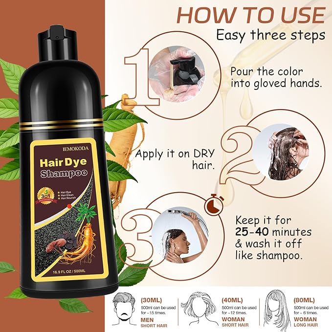 Instant Dark Brown Hair Dye Shampoo for 100% Gray Hair Coverage, Natural Herbal Hair Color Shampoo Hair Dye, 3 in 1 Coloring & Care Formula Lasts 3-4 Weeks, Easy & Quick to Use for Women Men, 500ML