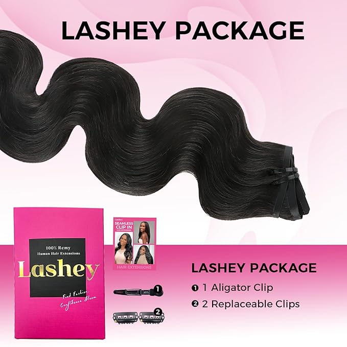 Lashey Seamless Clip in Hair Extensions Human Hair 130g 7pcs Body Wave 22 Inch Natural Black Thick Remy Hair Extensions with Full End