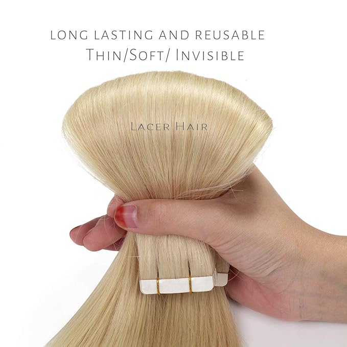 Lacer Remy Tape in Hair Extensions Human Hair - Natural PU Skin Weft Real Virgin Human Hair Extensions Tape in - Platinum Blonde Double Side Weft 50g 20pcs/set 14 Inch