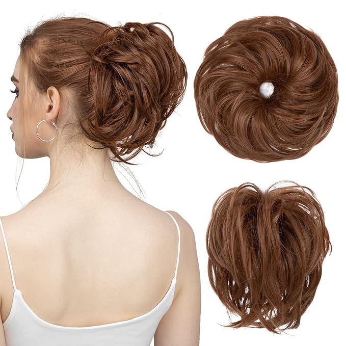 SARLA Messy Hair Bun Hair Pieces Curly Synthetic Updo Fake Scrunchies Ponytail Extension for Women Light Auburn 1PCS