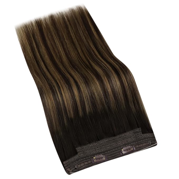YoungSee 135G Wire Hair Extensions Human Hair Balayage Invisible Wire Hair Extensions Darkest Brown with Medium Brown Balayage One Piece Hair Extensions Long Straight Hair 24Inch