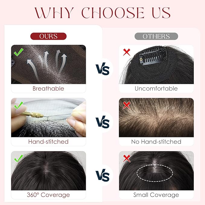 Human Hair Topper with Bangs for Women, 360° Cover Clip in Curtain Bangs Hair Toppers Hair Piece Dark Brown-3.15x4.33 Hand-tied Base (Dark Brown)