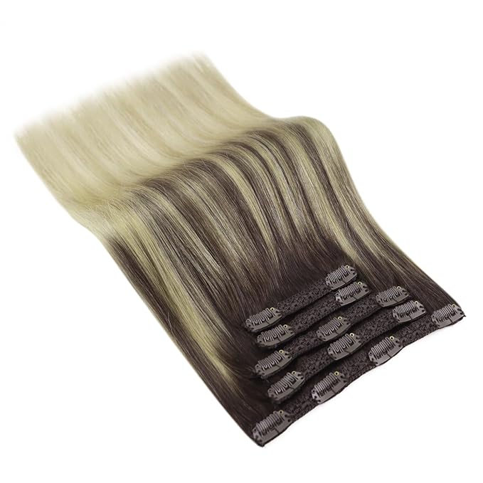 Ve Sunny Clip in Hair Extensions Real Human Hair Flexible Human Hair Clip in Extensions Ombre Hair Clip in Extensions Dark Brown Ombre Golden Blonde Mix Light Blonde Natural Look 7pcs 120g 18inch