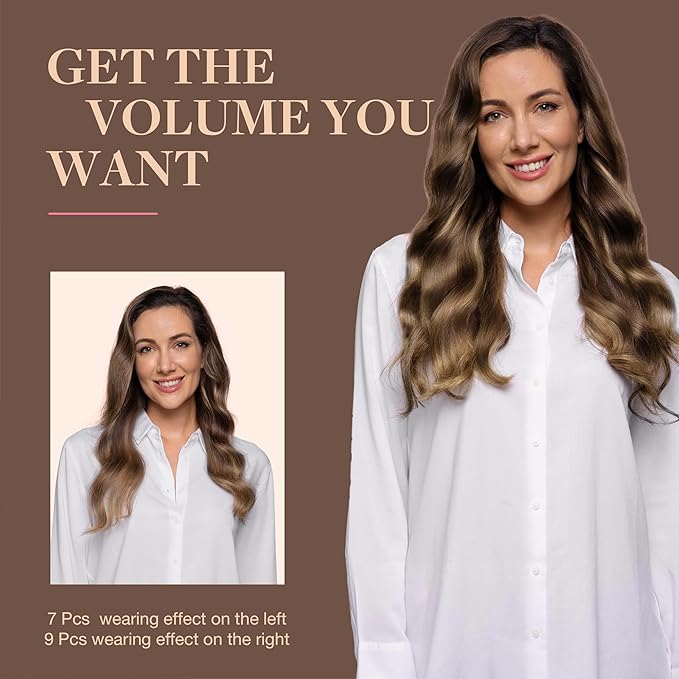 GOO GOO Clip in Hair Extensions Real Human Hair, Remy Human Hair Extensions Clip ins for Women, Natural Human Hair, 22inch 220g 9Pcs, #4/27/4 Balayage Chocolate Brown to Caramel Blonde