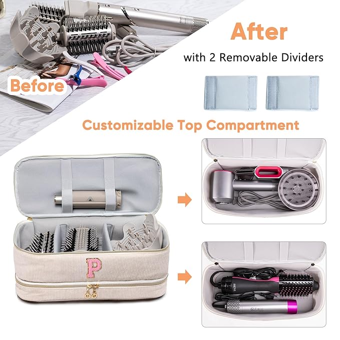 Initial Personalized Hair Tools Travel Bag Double-Layer Hair Dryer Case Compatible with Shark FlexStyle/SmoothStyle, Dysson Airwrap & Supersonic – Hair Tool Organizer for Travel & Home