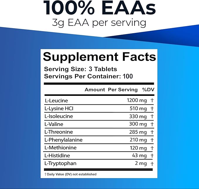 Ultimate 100% Essential Amino Acid Supplement for Cutting, Fasting & Workouts - All 9 EAAs, 40% Leucine — Ideal BCAA Ratio for Energy, Muscle & Recovery - 300 Easy-to-Swallow Keto & Vegetarian Tablets