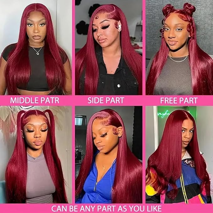 Burgundy Wig Human Hair 22inch 13x6 HD Transparent Lace Straight 99J Red Human Hair Wig Colored Reddish Brown Lace Frontal Wigs 180% Density Pre Plucked