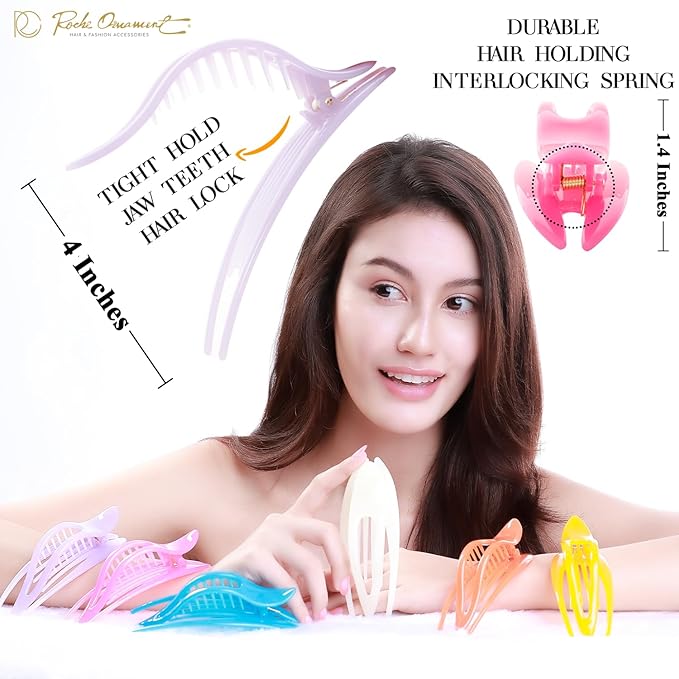 RC ROCHE 6 Pcs Flat Hair Clips Big Claw for Thick Hair French Duckbill Women No Slip Side Slide Curved Alligator Concord Strong Grip Hold Volume Lay Down Clamp, Large Jelly Candy
