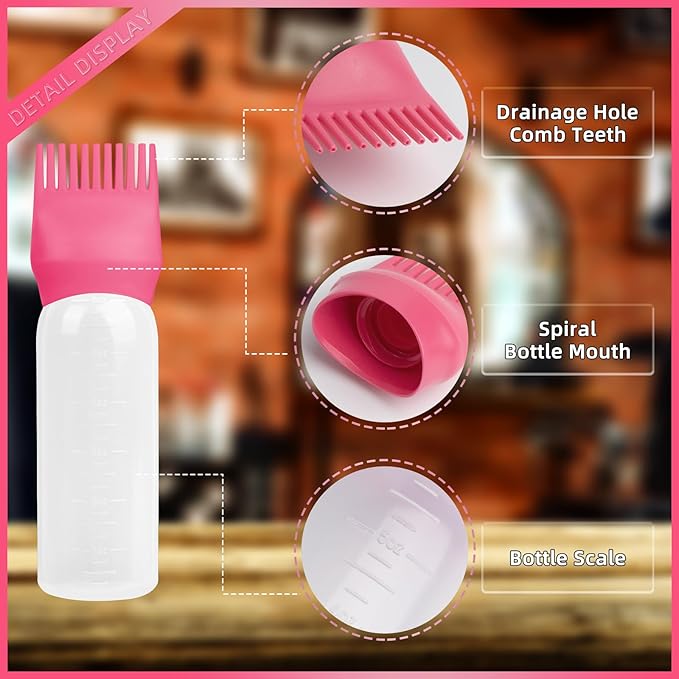 BLAAROOM Root Comb Applicator Bottle 6 Ounce, 4 Pack Hair Oil Applicator Bottle, Hair Dye Bottle Applicator Tools with Hair Oil Dispenser Root Comb Brush for Hair Oiling Applicator - Dark Pink