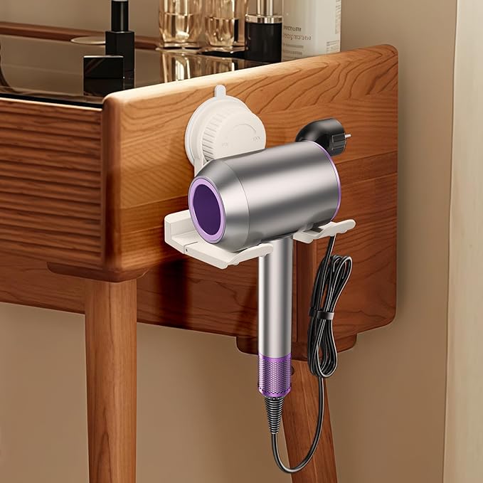 Universal Suction Cup Blow Dryer Holder,Hairdryer Holder For Bathroom Wall Mount,With Plug&Cord Organizer.Strong And Stable，Easy Installation Ideal for Bathroom And Cabinet Door(White)